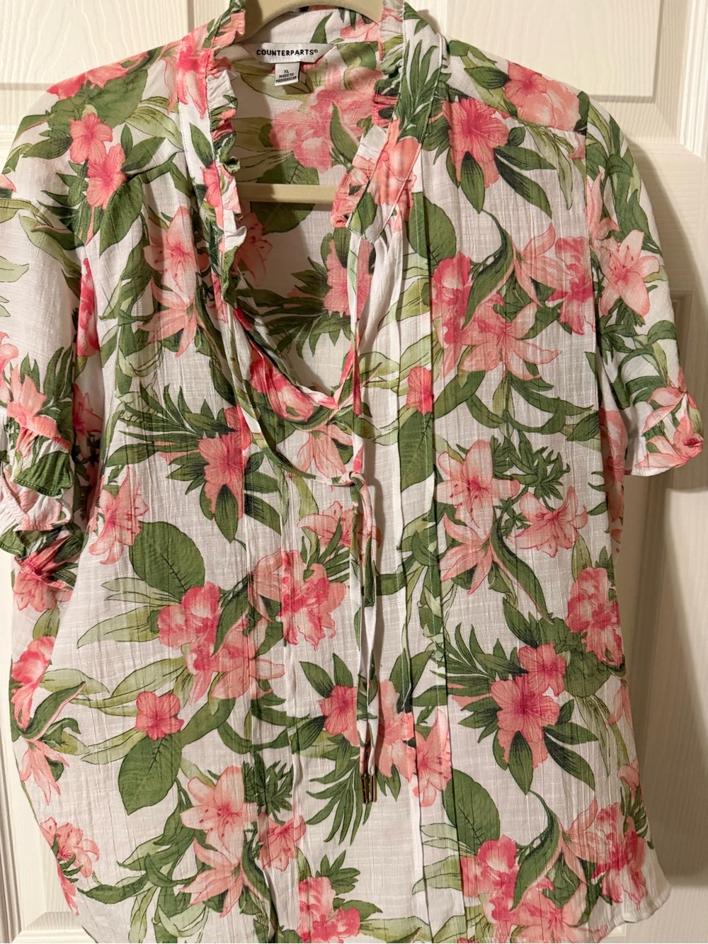 Counterparts White Floral Tie-Front Blouse with Pink & Green Print
